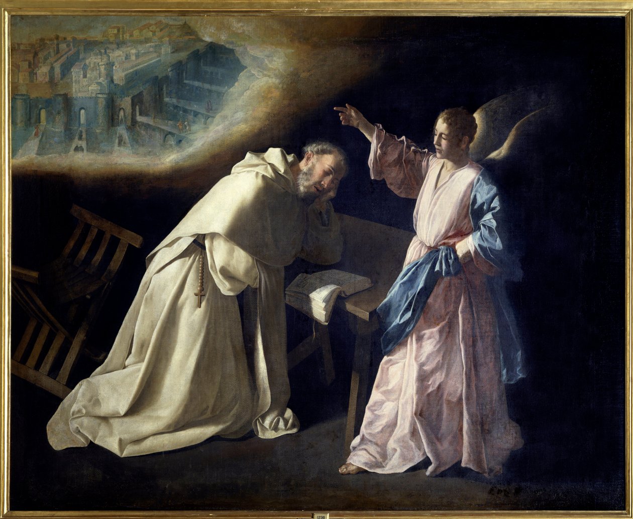 Sankt Peter Nolasques vision (1189-1256) Efter at have haft en vision af Jomfruen i 1218 grundlagde præsten Vor Frue af Barmhjertighedsorden. Han er en repræsentant med en engel, der viser ham det himmelske Jerusalem. Maleri af Francisco de Zurbaran (1598 af Francisco de Zurbaran