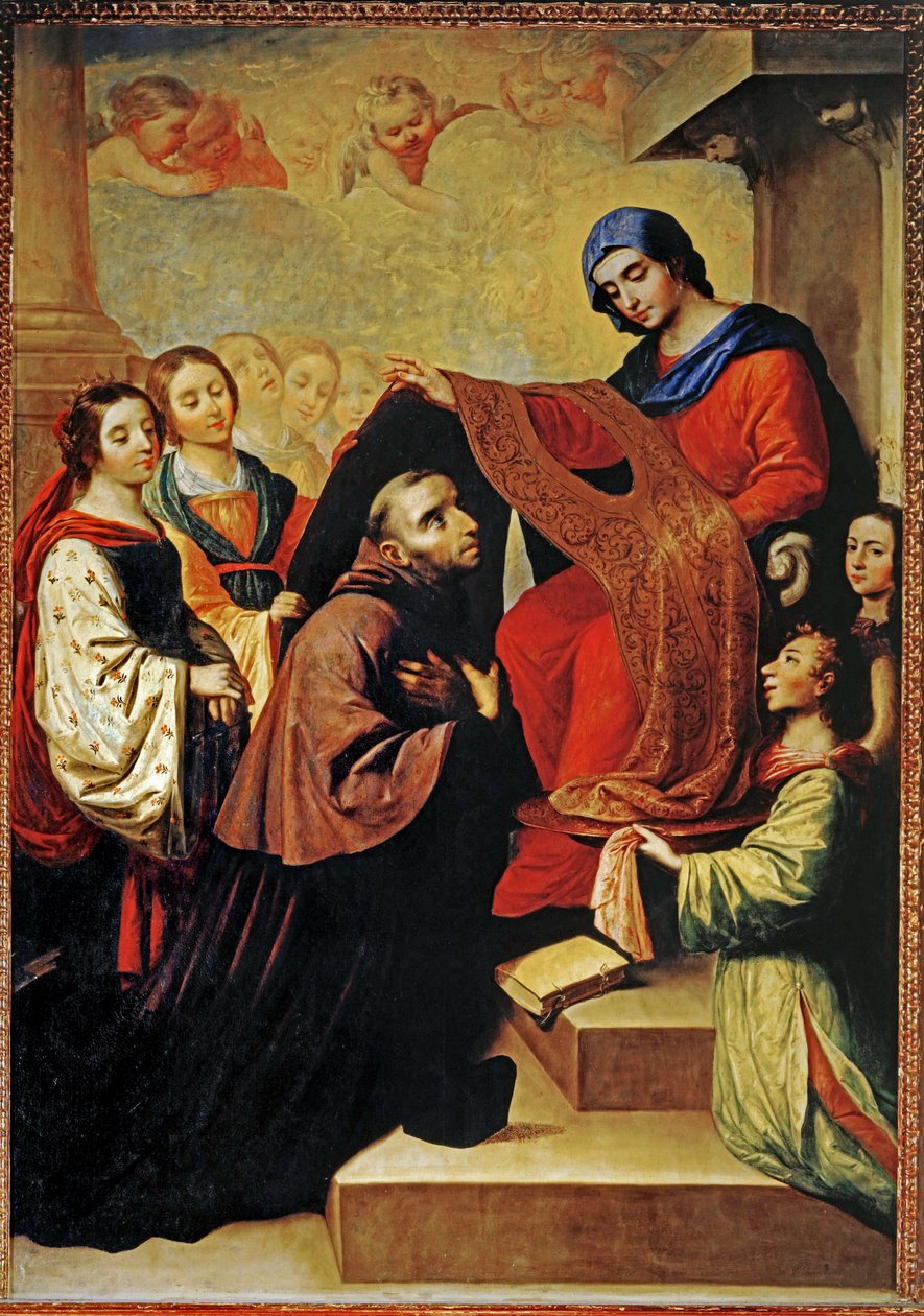Jomfru Marias nedstigning for at belønne Sankt Ildefonso af Toledos skrift ... (maleri på lærred) af Francisco de Zurbaran