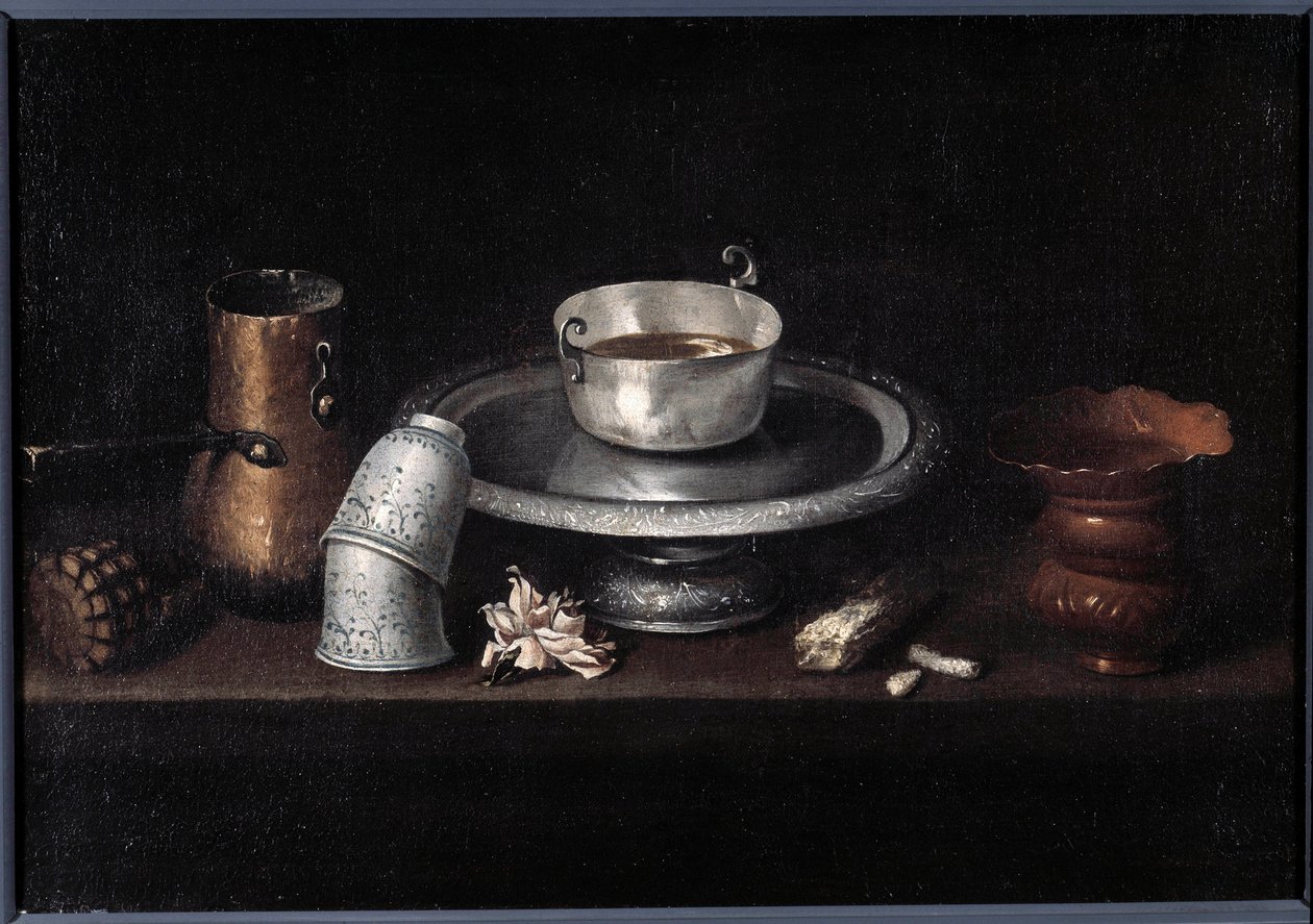 Stilleben chokolade morgenmad af chokolade kop, kopper. Maleri af Francisco de Zurbaran (1598-1664). 17. århundrede Besancon, Museum of Fine Arts af Francisco de Zurbaran