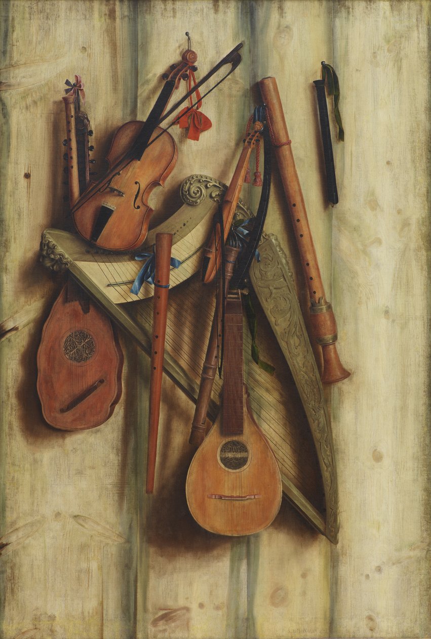 Bordskillevæg med musikinstrumenter. Trompe l