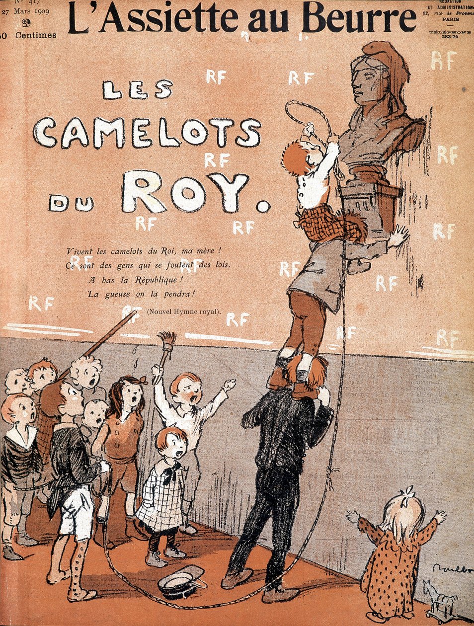 Børn detroniserer en buste af Marianne ved at synge en ironisk sang til fordel for den royalistiske kampgruppe. Illustration af Francisque Poulbot (1879-1946) i "Tallerkenen med smør", den 27/03/1909. af Francisque Poulbot