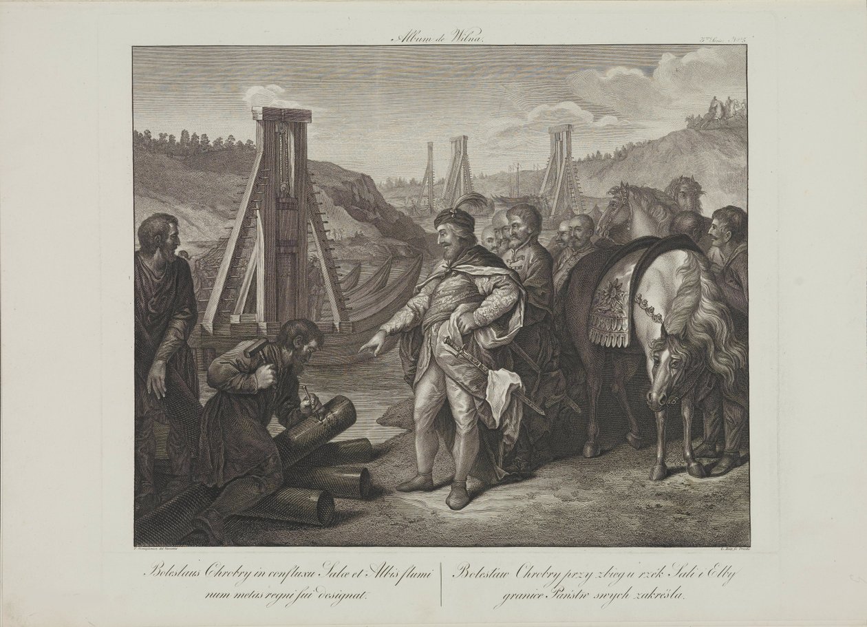 Boleslaw I af Polen sætter grænsepæle i Elben og Saale-floderne af Smuglewicz, Franciszek (1745-1807). Litografi, slutningen af 1700-tallet. Privat Samling af Franciszek Smuglewicz