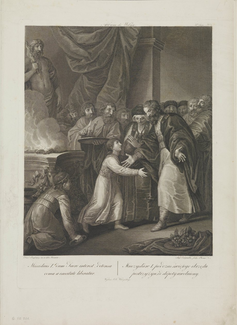 Mieszko I af Polen modtager tonsuren af Smuglewicz, Franciszek (1745-1807). Litografi, slutningen af 1700-tallet. Privat Samling af Franciszek Smuglewicz