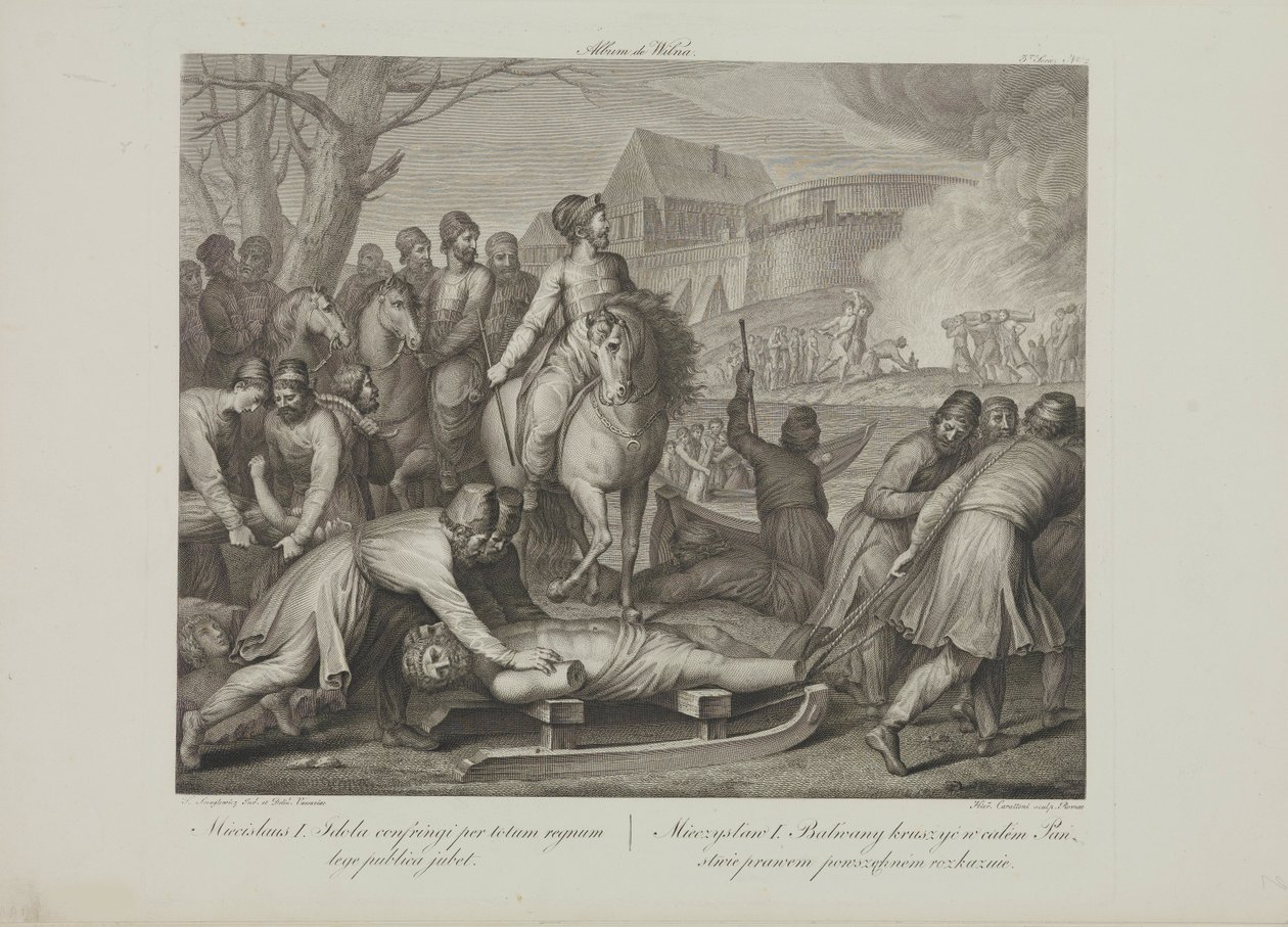 Ødelæggelsen af hedenske guder af Mieszko I af Polen af Smuglewicz, Franciszek (1745-1807). Litografi, slutningen af 1700-tallet. Privat Samling af Franciszek Smuglewicz