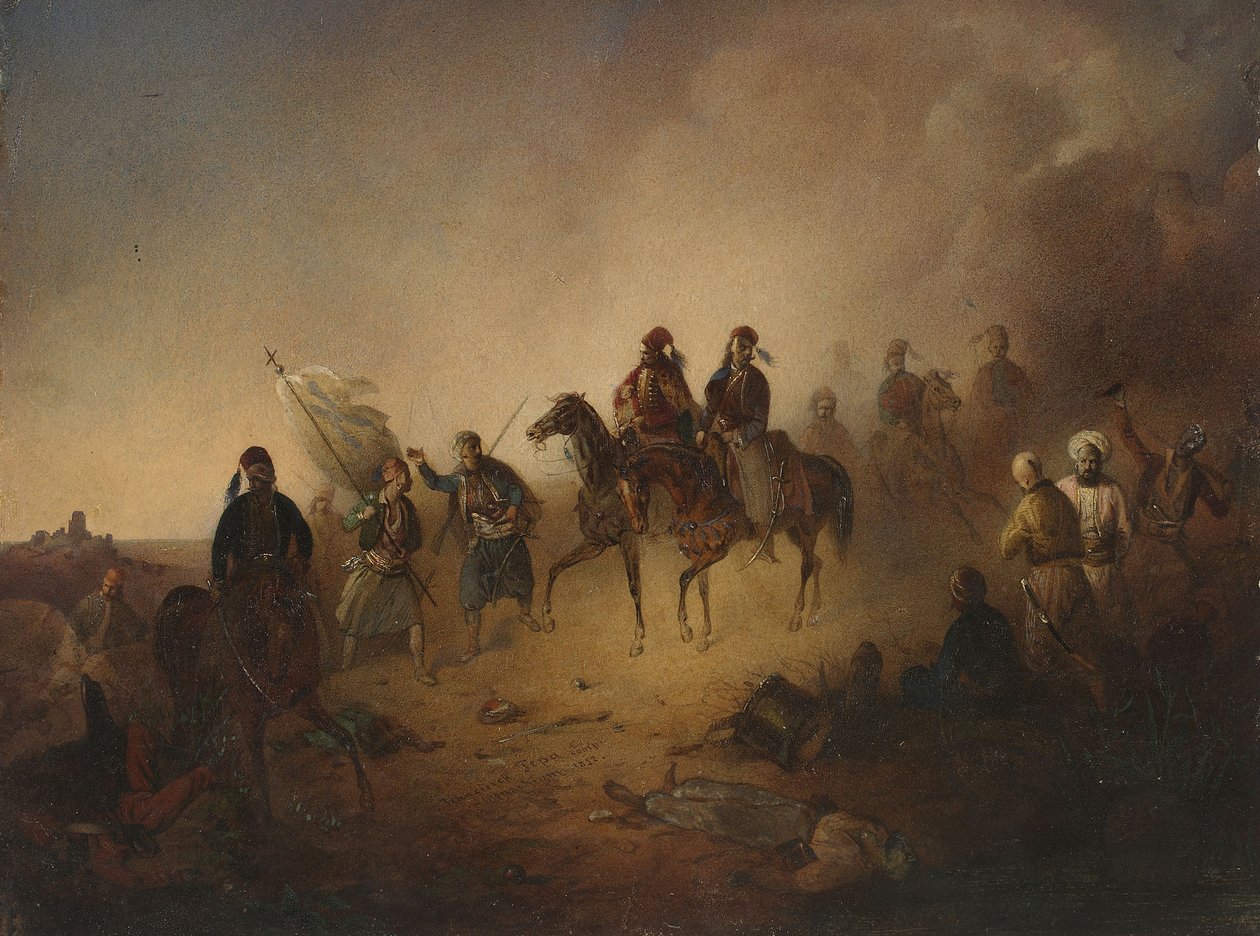Markos Botsaris i slaget ved Karpenisi natten til den 8. august 1823, 1852 af Franciszek Tomasz Tepa