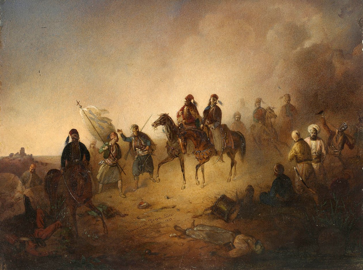 Markos Botzaris (Botsaris) (vers 1788-1823) ved slaget ved Karpenisi natten til den 8. august af Franciszek Tomasz Tepa