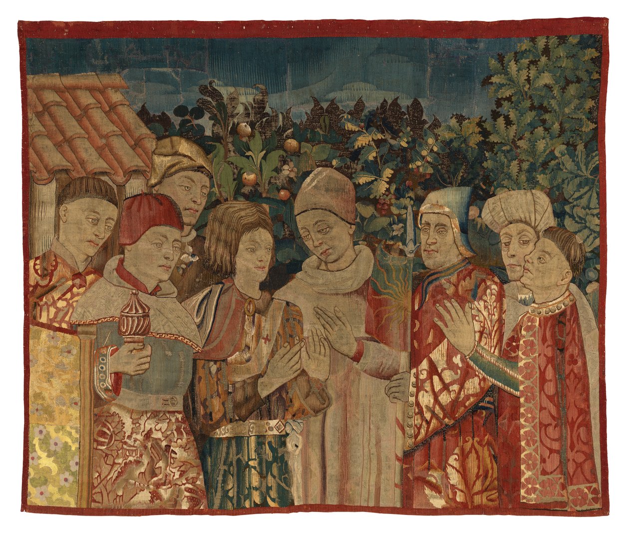 Uidentificeret gobelinfragment med otte figurer, En disputation muligvis, 2. halvdel af 1400-tallet (uld) af Franco Flemish School