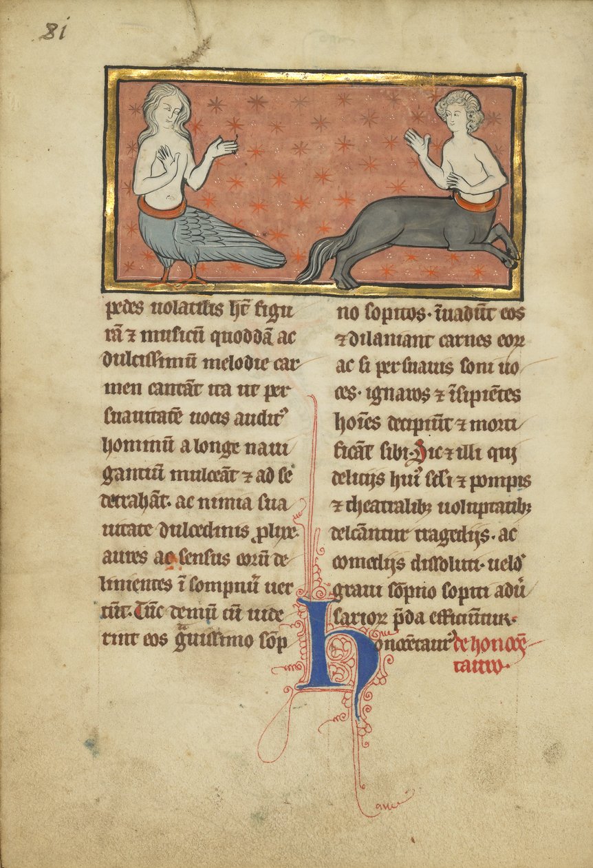 En sirene og en kentaur fra et bestiarium Ms Ludwig XV 4, fol. 81v, c.1280-1300 (tempera, pen og blæk, bladguld og maling på pergament) af Franco Flemish School