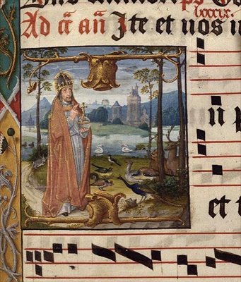 MS.41.f.84r Gud omgivet af fugle og dyr, Antifon for Septuagesima (3. søndag før fastelavn), ca. 1490-1500 (vellum) af Franco Flemish School
