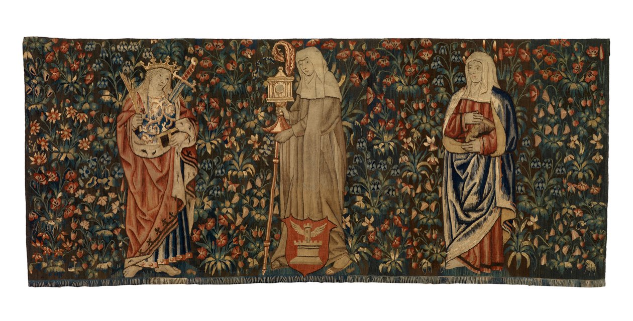 Mille fleurs gobelin, alterfront, forestillende tre helgener, St Anne, St Clare og St Euphemia, lavet ca. 1500, fransk eller flamsk (uld) af Franco Flemish School