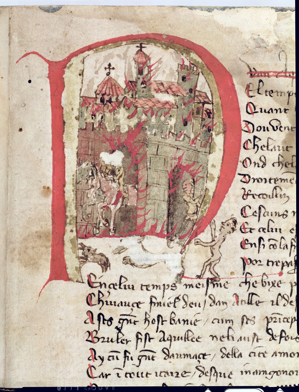 Ms Est 27 W 8.17 f.1r Historikeret initial, der forestiller Hunneren Attila (ca. 406-453), der brænder byen Aquila fra Attila-krigen af Nicola da Casola af Franco Italian School