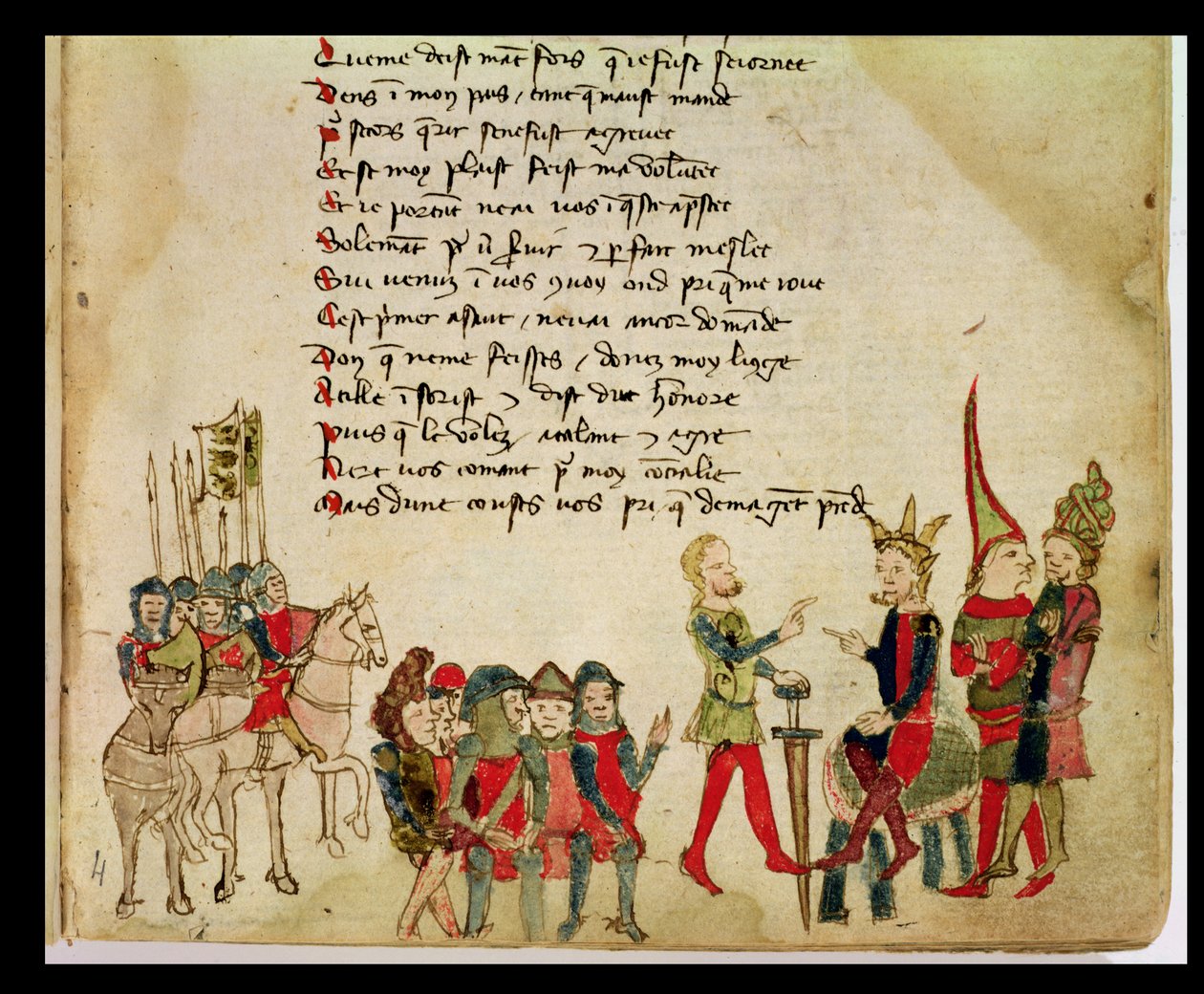Ms Est 27 W 8.17 f.4r Hunneren Attila (c.406-453) i diskussion med en af hans krigere, fra The War of Attila af Nicola da Casola af Franco Italian School