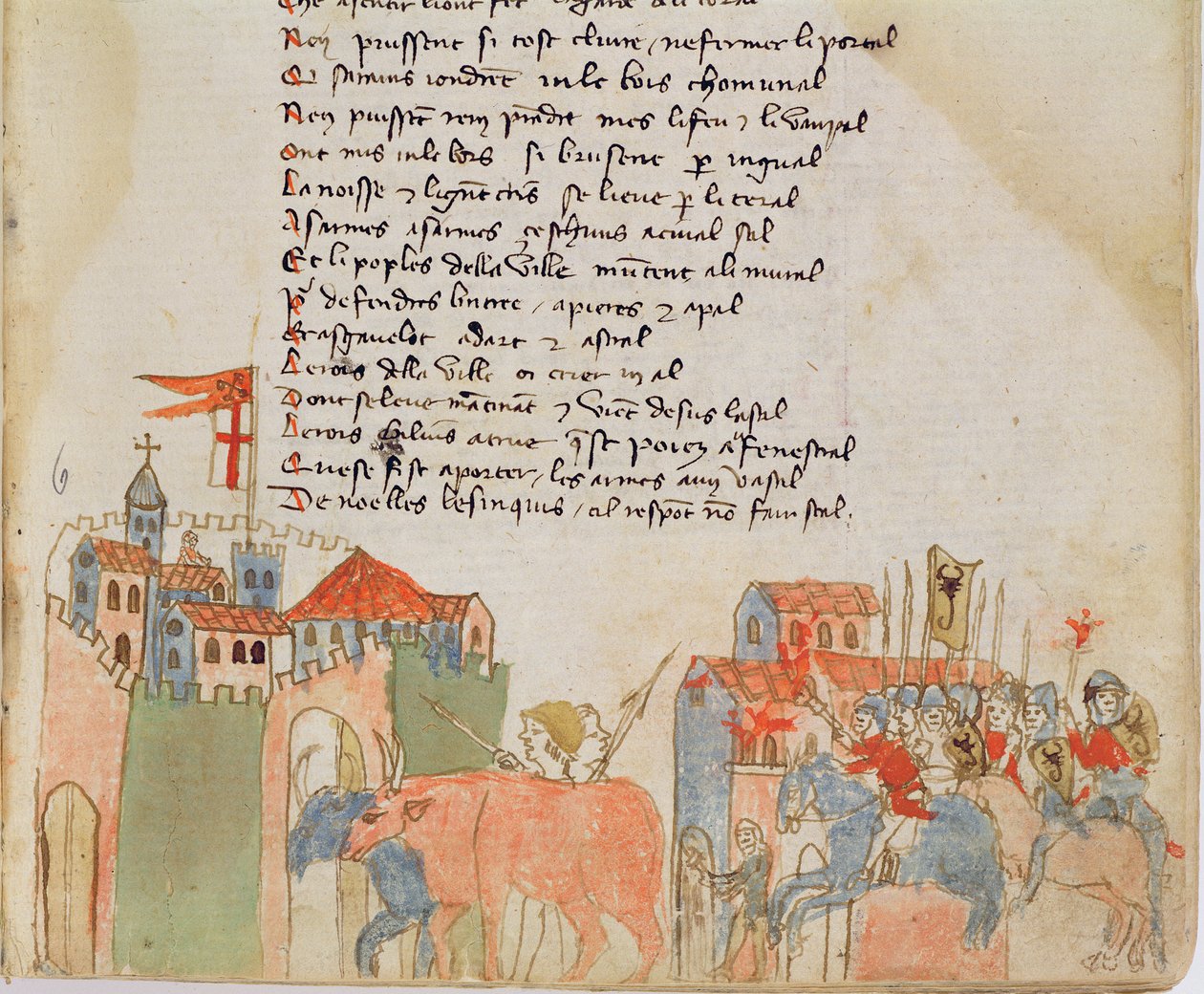 Ms Est 27 W 8.17 f.6r Bønder ind i en by med deres kvæg og ankomsten af Attilas hær, fra The War of Attila af Nicola da Casola af Franco Italian School