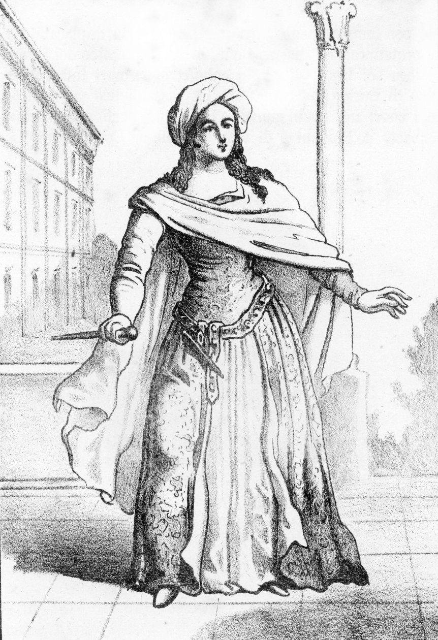 Portræt af den unge romerske Beatrice Cenci (1577-1599) anklaget for mordet på sin far Francesco Cenci i 1598 (Portræt af den unge romerske adelskvinde Beatrice Cenci, der myrdede sin far, grev Francesco Cenci i 1598) Stik fra "" I misteri del va af Franco Mistrali