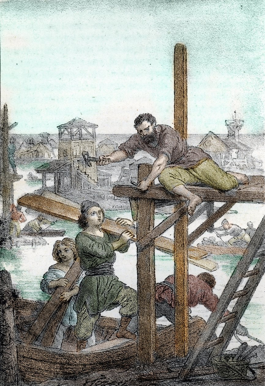 Attilan hunien metsästämät pakolaiset asentavat Venetsian kaupungin perustukset 5. vuosisadalle (Attilan barbaarien metsästämien pakolaisten Venetsian perustaminen, 5. vuosisata) Piirros Franco Mistralin "I misteri del vaticanosta" 1846 af Franco Mistrali
