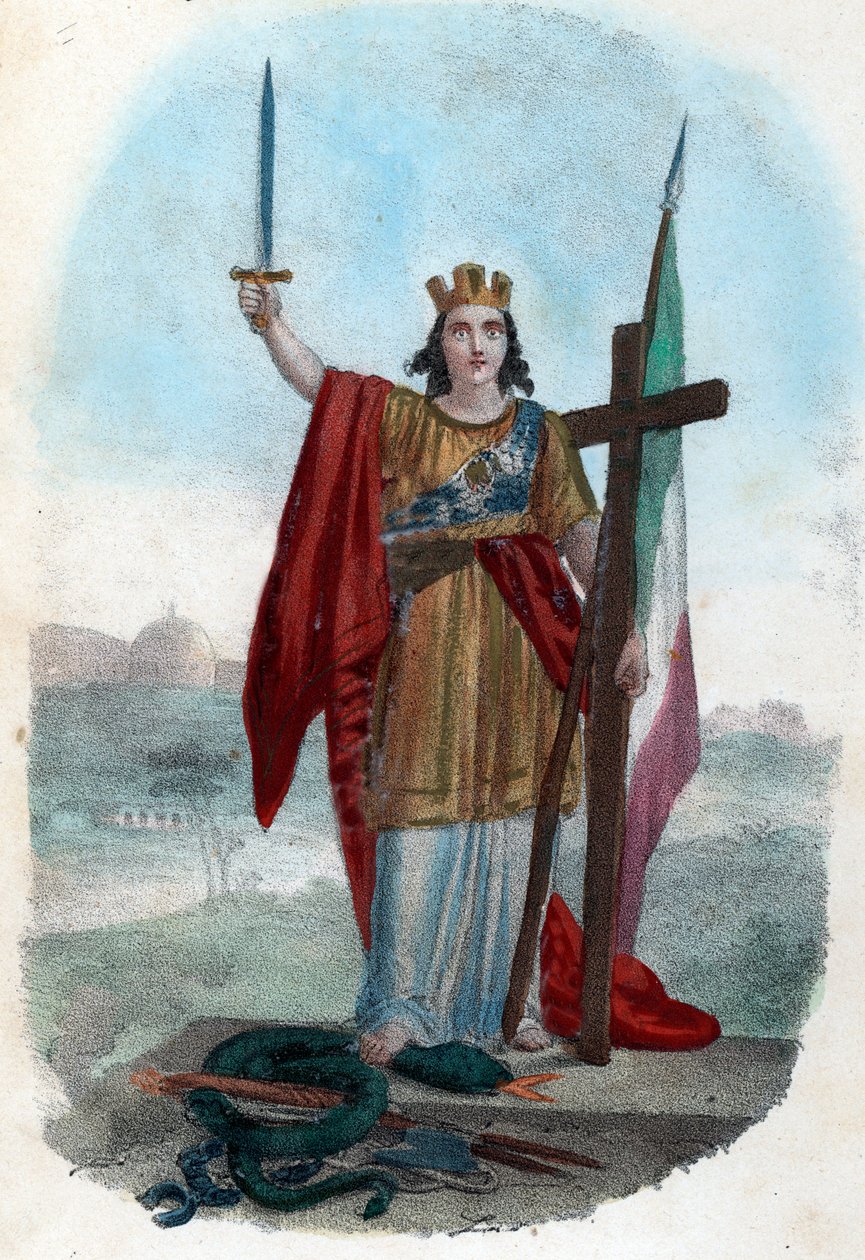 Risorgimento: Allegorisk repræsentation af det triumferende Italien, der står på slangen fra den korrupte kirke og rejser sig et sværd med et kors og et flag, symboler på politiske, religiøse og civile risorgimento) Frontispice tire de "" I misteri del vat af Franco Mistrali