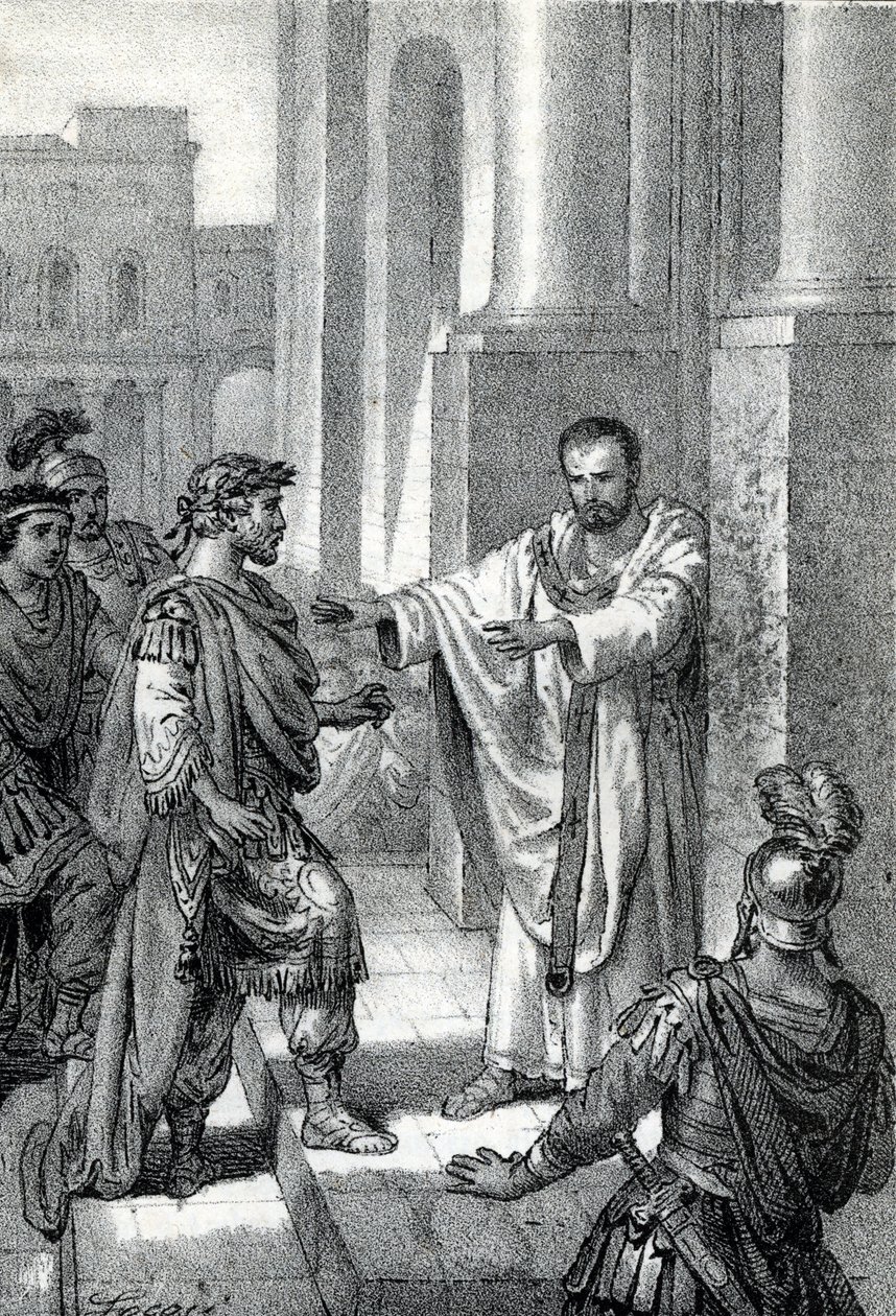 Ærkebiskoppen Sankt Ambrosius af Milano (Aurelius Ambrosius, Ambrogio di Milano (340-397) forbød indgangen til kirken til den romerske kejser Theodosius I (Flavius Theodosius) (347-395) for at straffe ham for massakren i Thessalonika i 390 - Excommunicati af Franco Mistrali