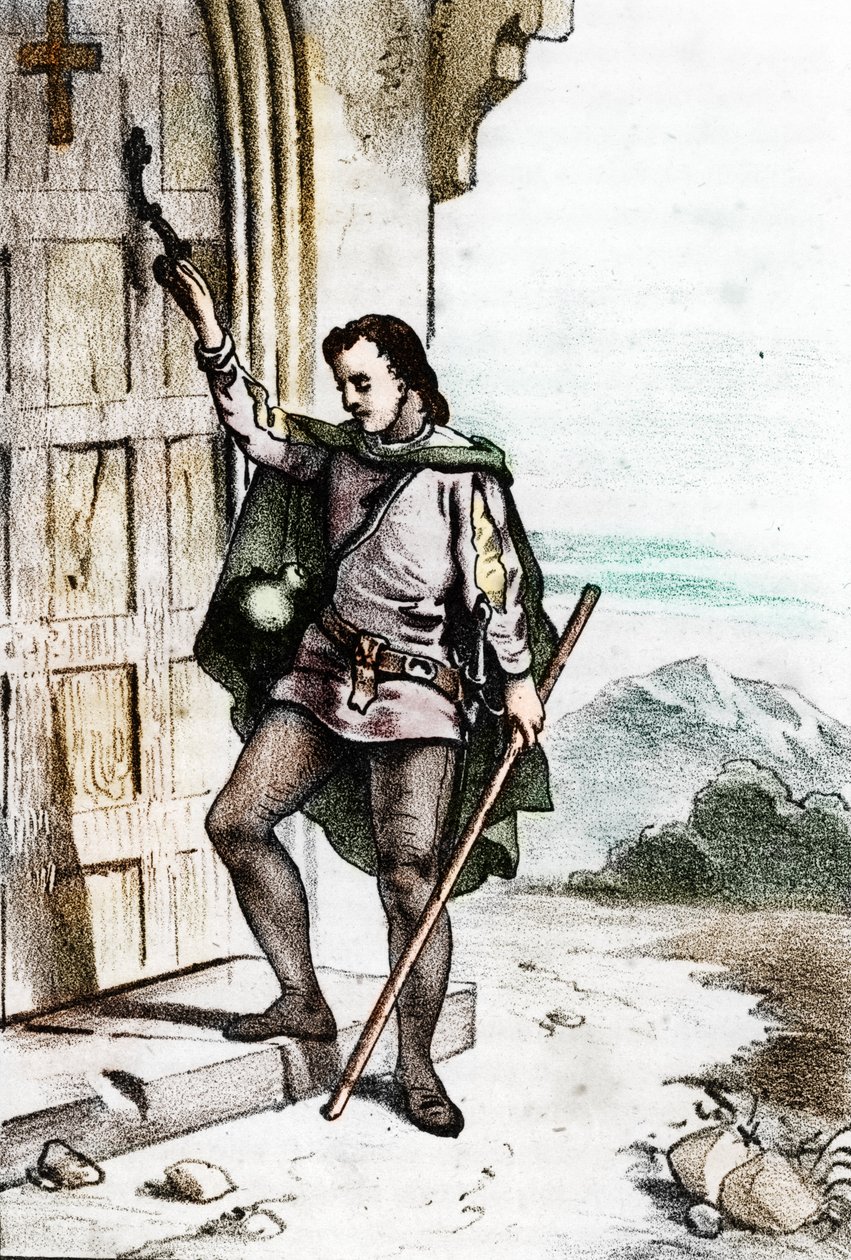Den unge Jerome Savonarole (Girolamo Savonarola) (1452-1498) bankede på døren til det dominikanerkloster Santo Domenico i Bologna i 1475 (Girolamo Savonarola som ung bankede på døren til San Domenico-klostret af ordenen af Brødre af Franco Mistrali