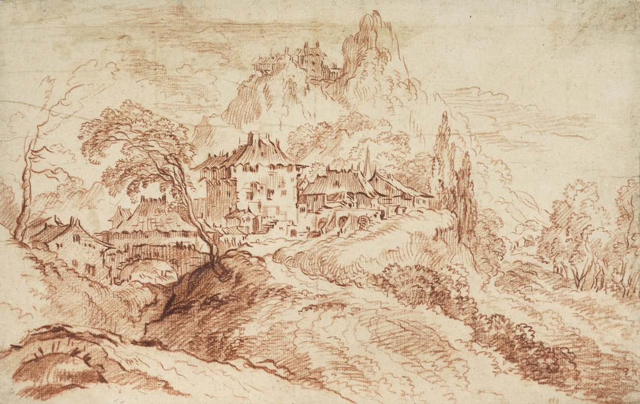 En italiensk landsby i et bjergrigt landskab (rødt kridt på papir) af François Boucher