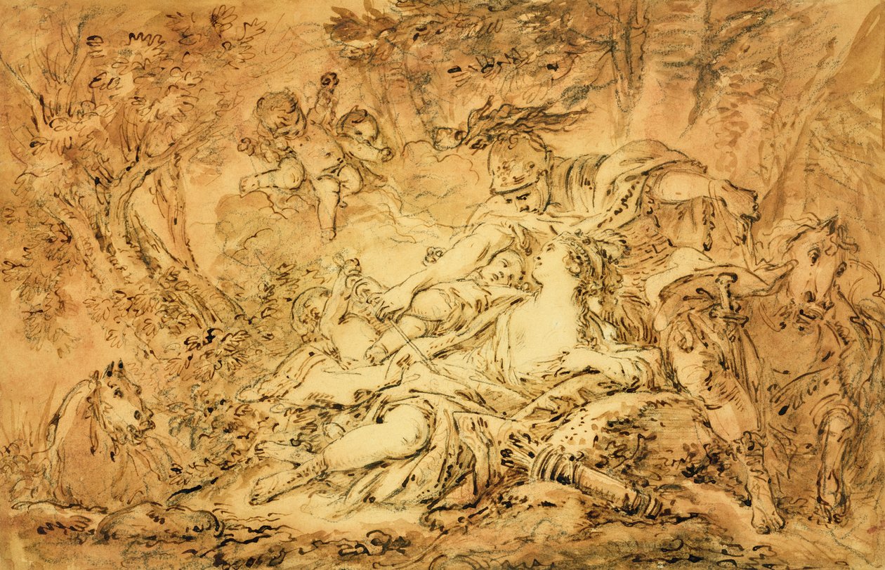 Rinaldo og Armida (pen og brunt blæk, brun og pink vask over sort kridt på papir) af François Boucher