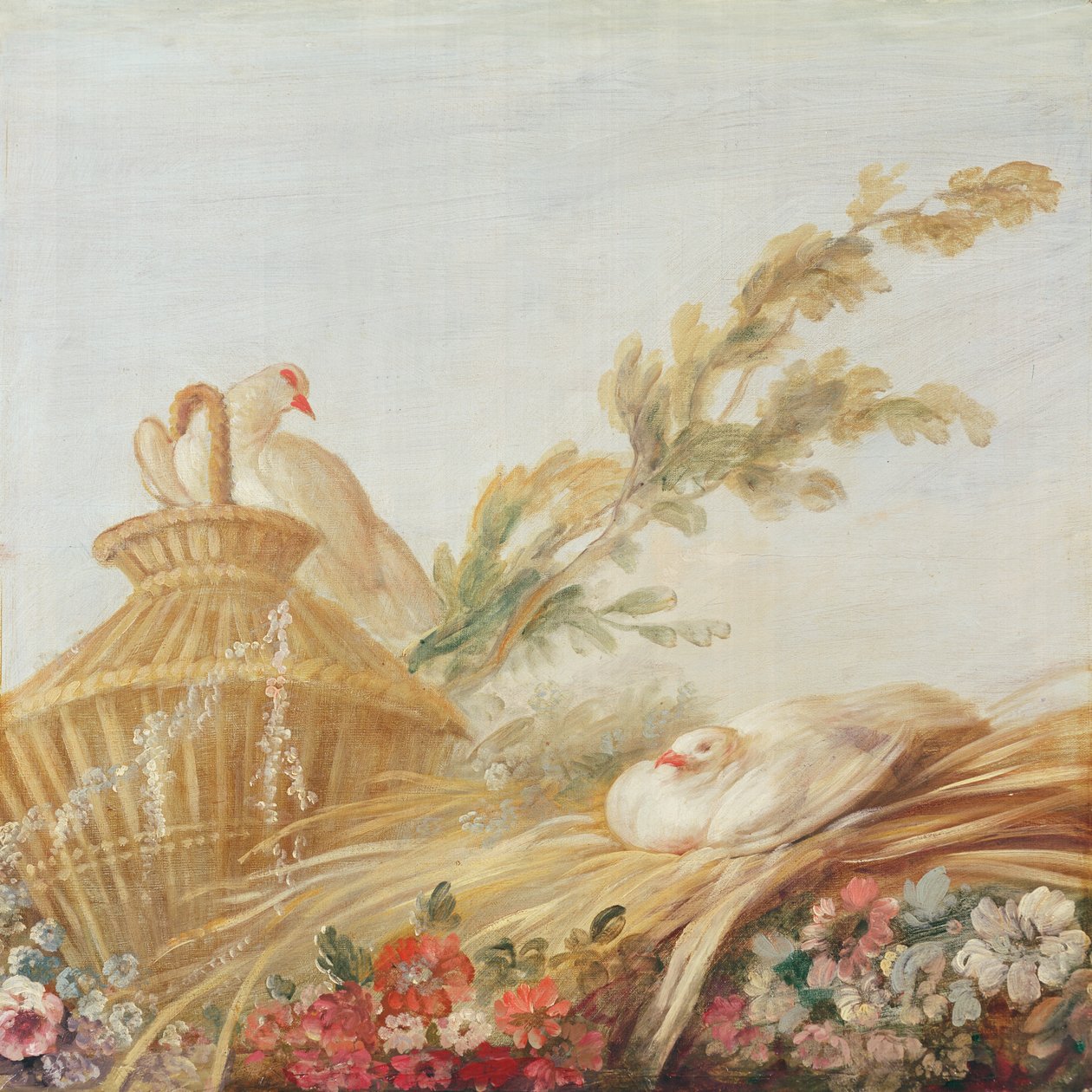 Salon af trykkeriet Gilles Demarteau, over døren; duer siddende deres æg i høet, 1750-65 af François Boucher