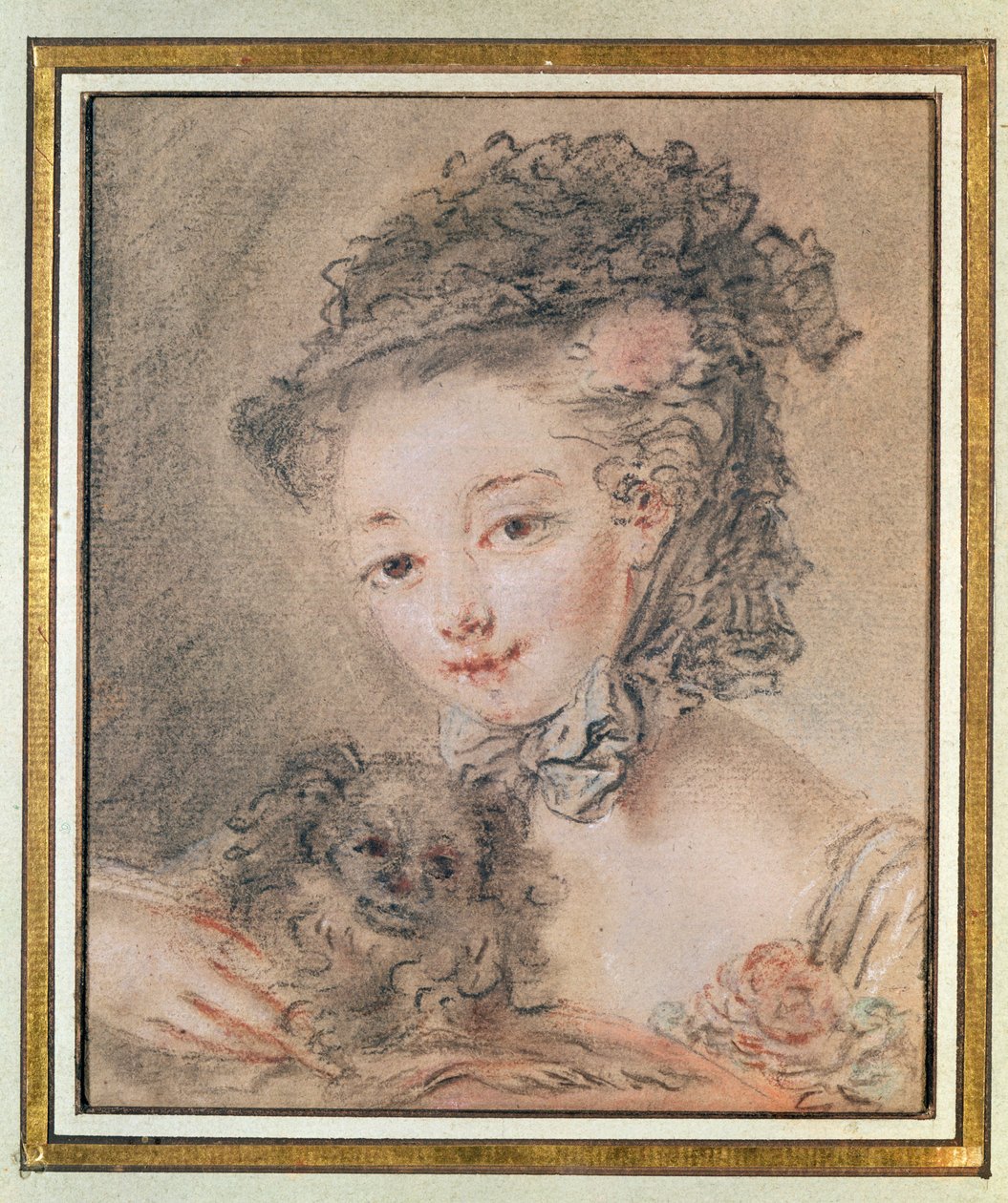 Ung pige med en lille hund (kul og rødt kridt på papir) af François Boucher