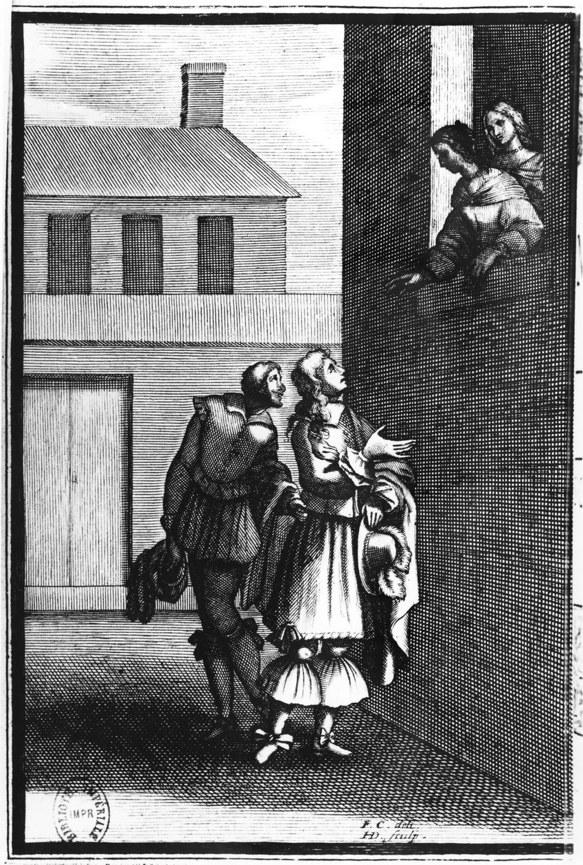 Frontispice af "Le Menteur" af Pierre Corneille (1606-84) udgivet i 1660 af Francois Chauveau