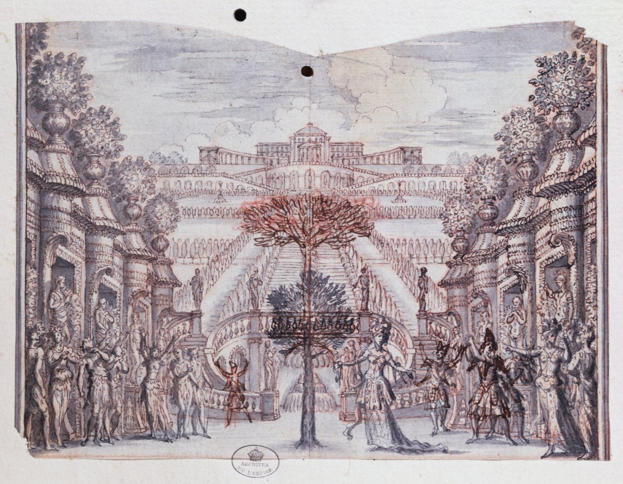 Scenografi til "Atys", fra en samling med titlen "Les Menus Plaisirs du Roi" (kridt, pen og blæk og vask) af Francois Chauveau