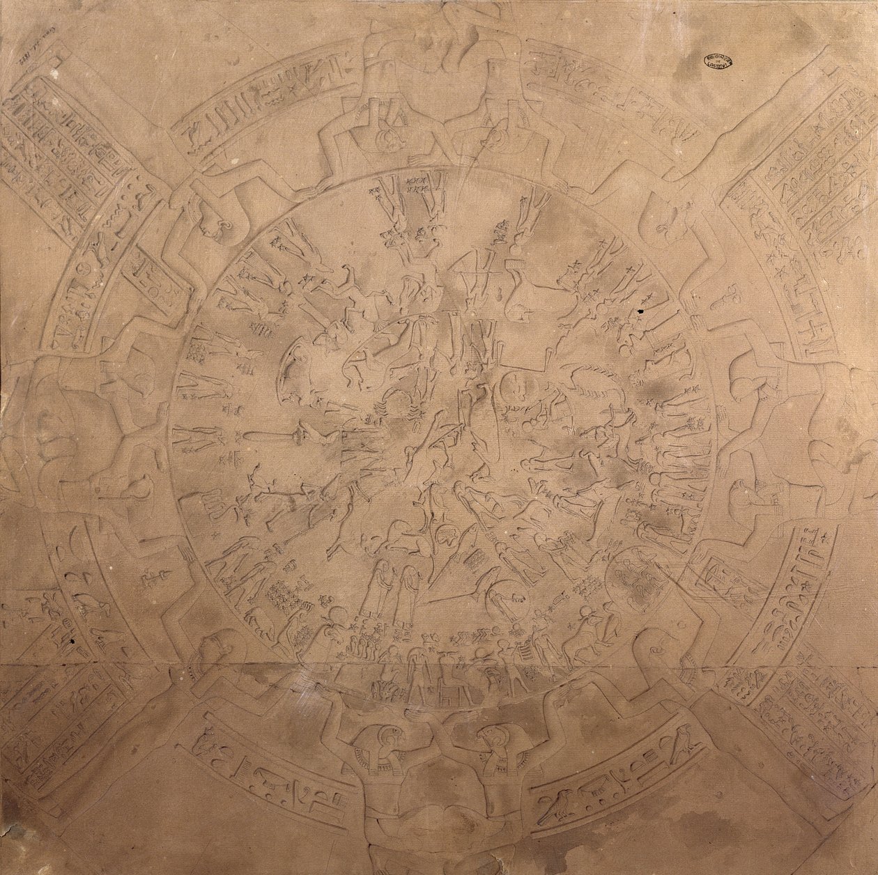 Astrologisk planisfære i Denderas stjernetegn, fra loftet i kapellet ved Hathor-templet, Dendera, Egypten, 1822 (pen, blyant og wc på papir) af Francois Chretien Gau