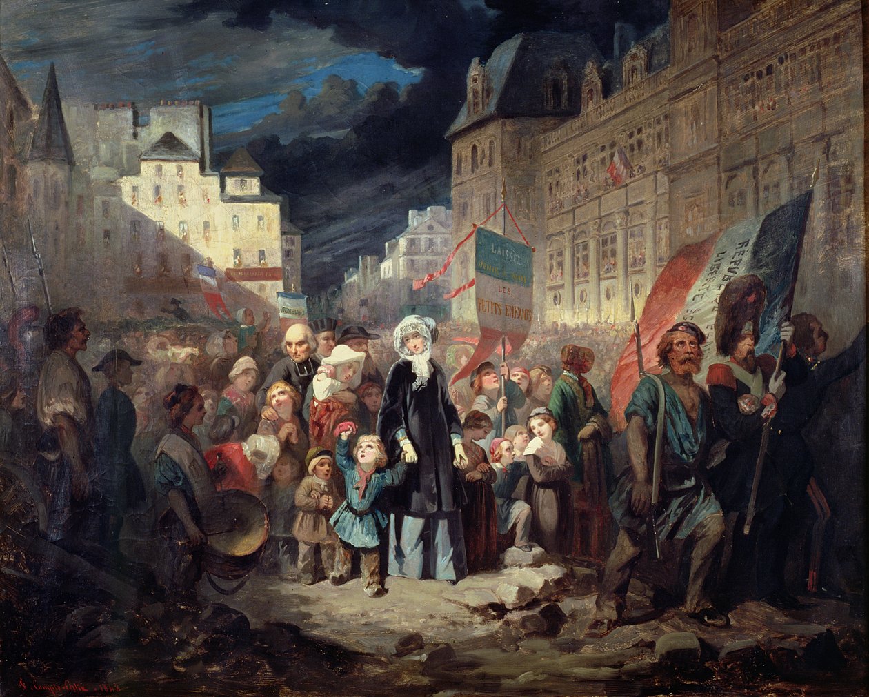 Madame Lamartine adopterer børn af patrioter, der blev dræbt ved barrikaderne i Paris under revolutionen i 1848, 1848 af Francois Claudius Compte Calix