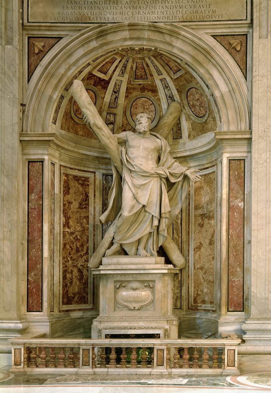 Statue af St. Andrew, ved bunden af de fire søjler, der understøtter kuplen, 1629-40 af Francois Duquesnoy
