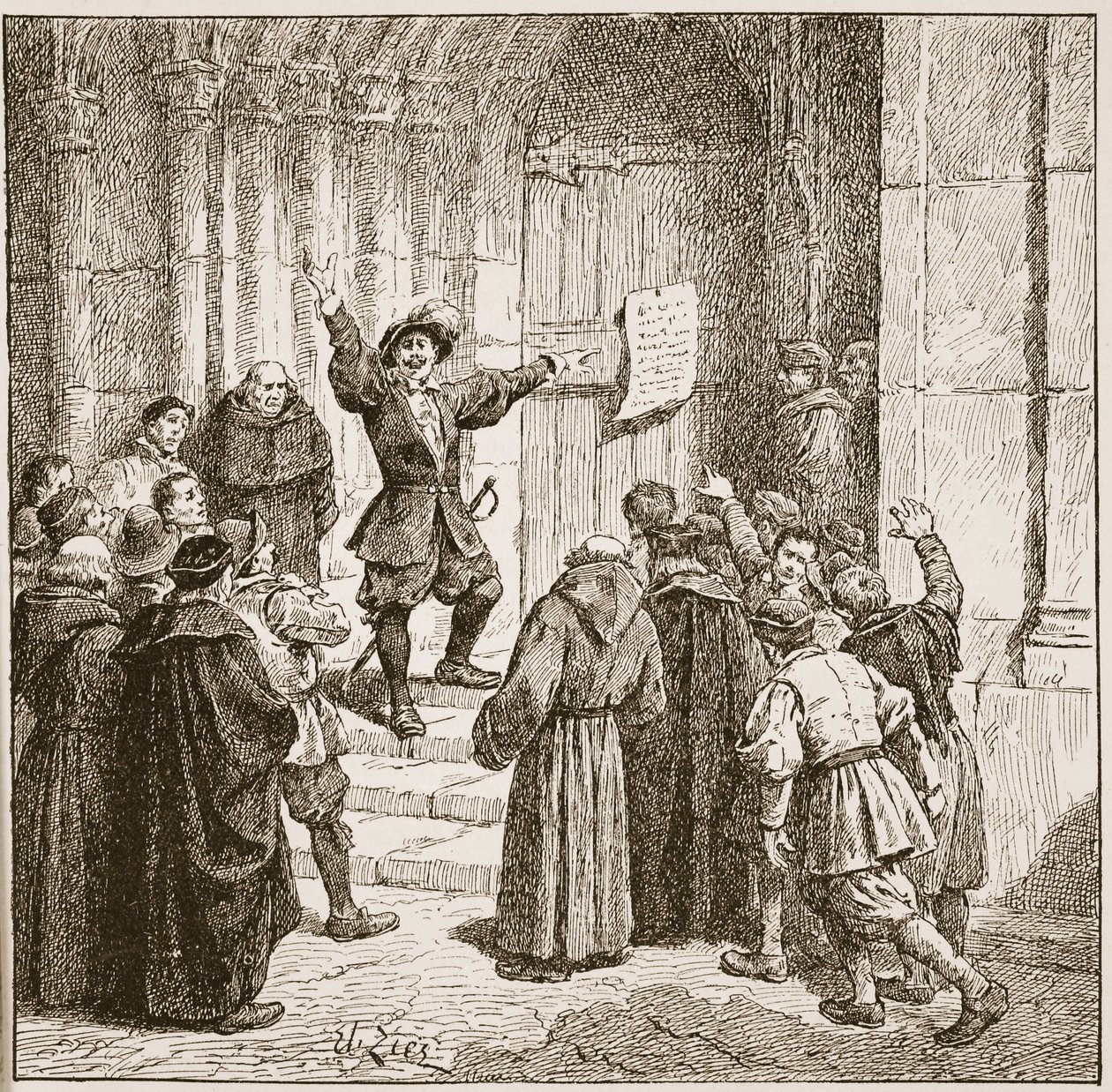 Aske anbringer sin proklamation på døren til York Cathedral, illustration fra 