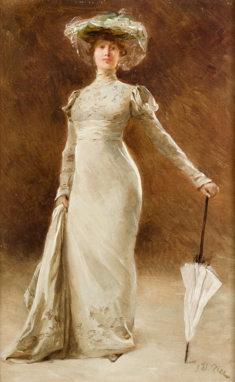 Portræt af en kvinde med en parasol af Francois Edouard Zier