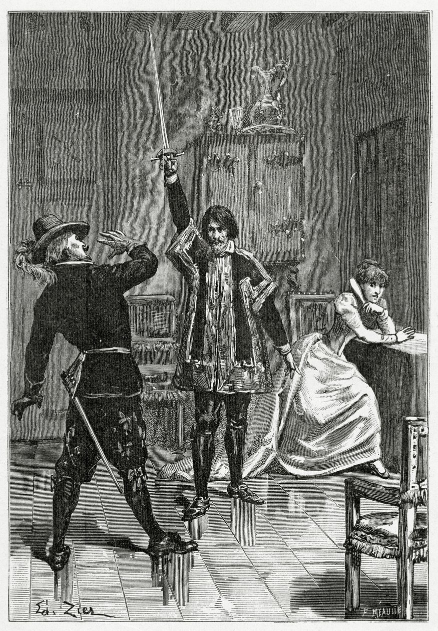 Ruy Blas konfronterer Don Salluste, 1800-tallet (bw-gravering) af Francois Edouard Zier