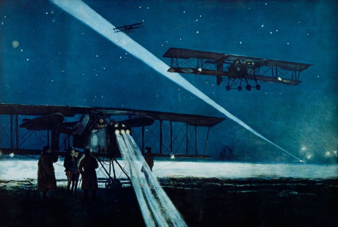 Retur fra en natflyvning på Voisin -bombefly af Francois Flameng