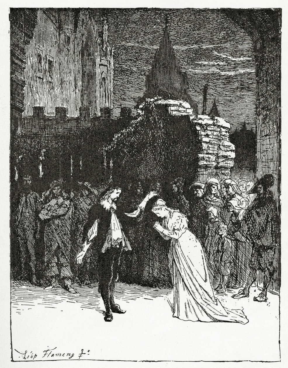 Didier siger farvel til Marion de Lorme, 1800-tallet (bw-gravering) af Francois Flameng