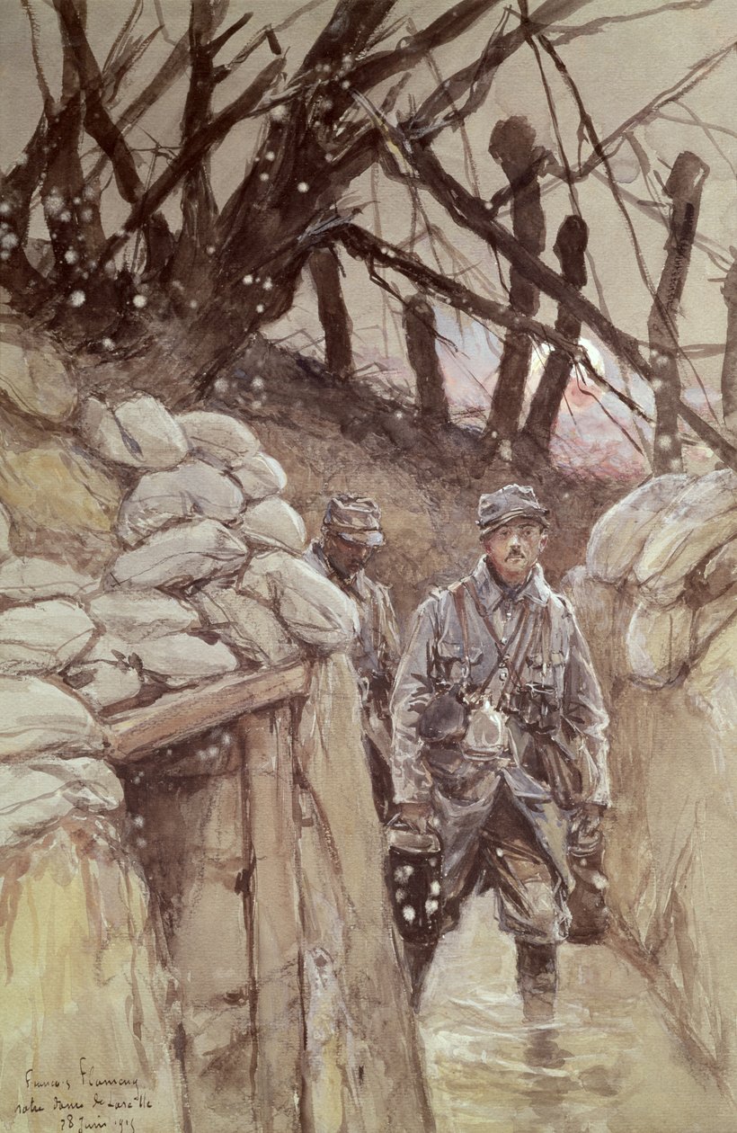 Infanterister i en skyttegrav, Notre-Dame de Lorette, 1915 af Francois Flameng