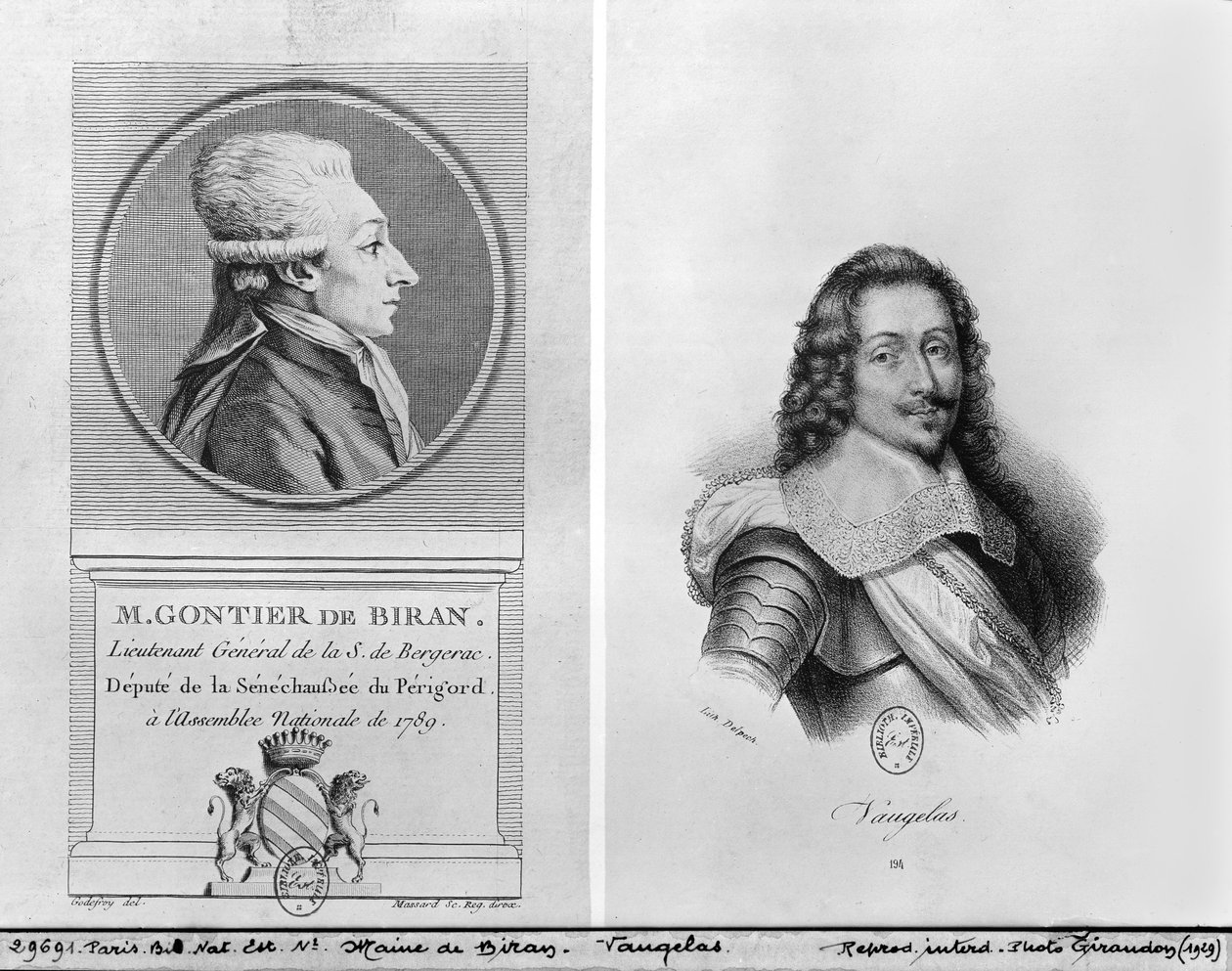 Portræt af Marie Francois Gontier de Biran kendt som Maine de Biran (1766-1824), Portræt af Claude Favre de Vaugelas (1585-1650) indgraveret af Francois Seraphin Delpech (1778-1825) og Massard (19.) ( af Adrien Pierre Francois Godefroy
