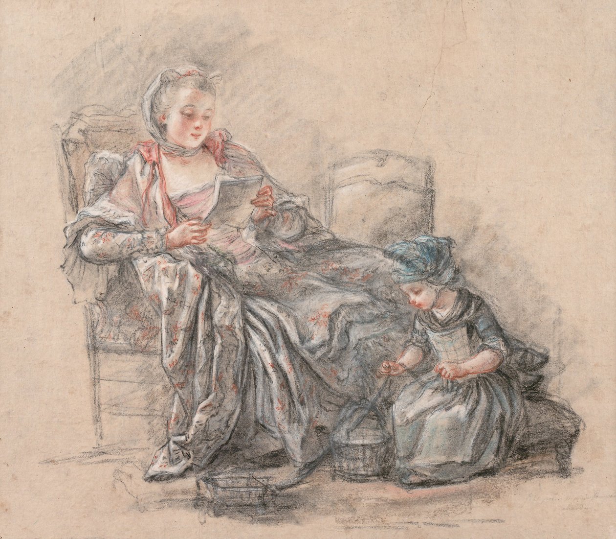 Kvinde læser og spiller en pige (formodentlig Marquise de Pompadour med sin datter Alexandrine), 1748 af Francois Guérin