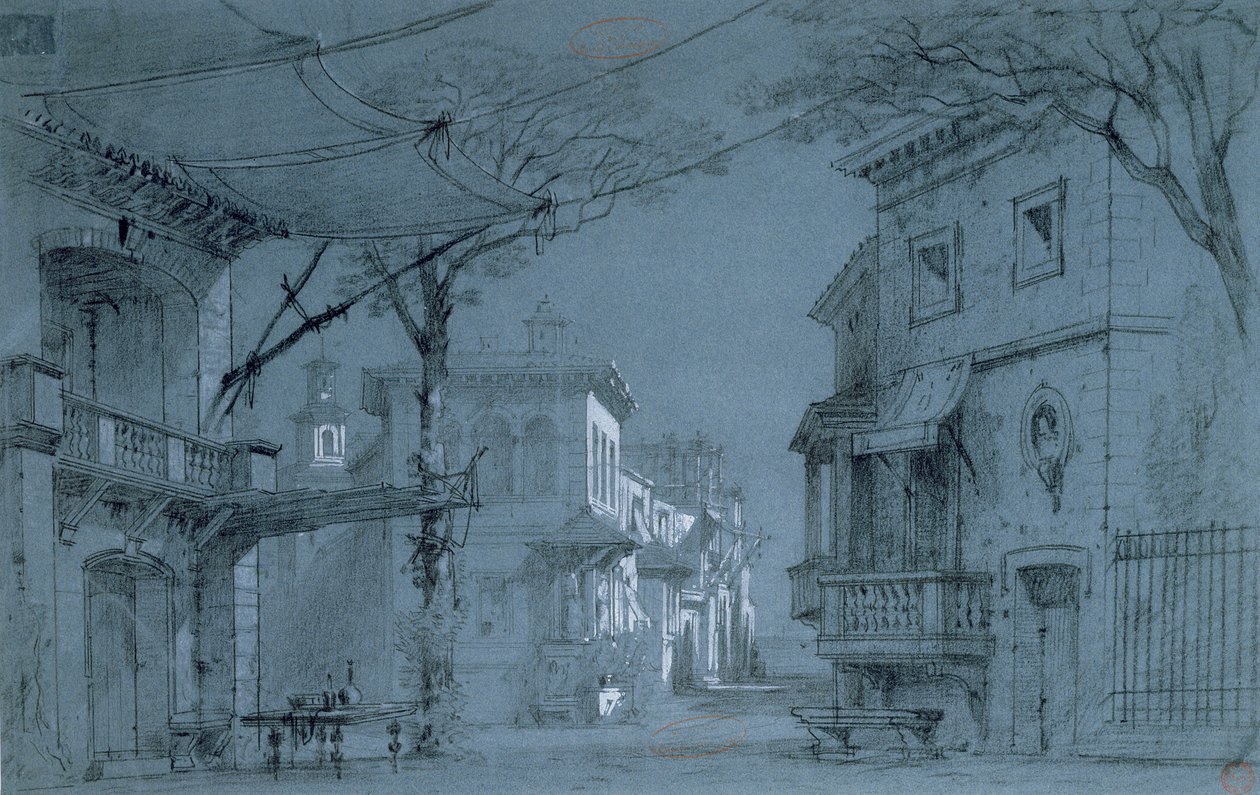 Design til sættet af Les Caprices de Marianne af Alfred de Musset (1810-1857) (pen, blæk og farveblyant på blåt papir) af Francois J. and Rube, Auguste A. Nolau
