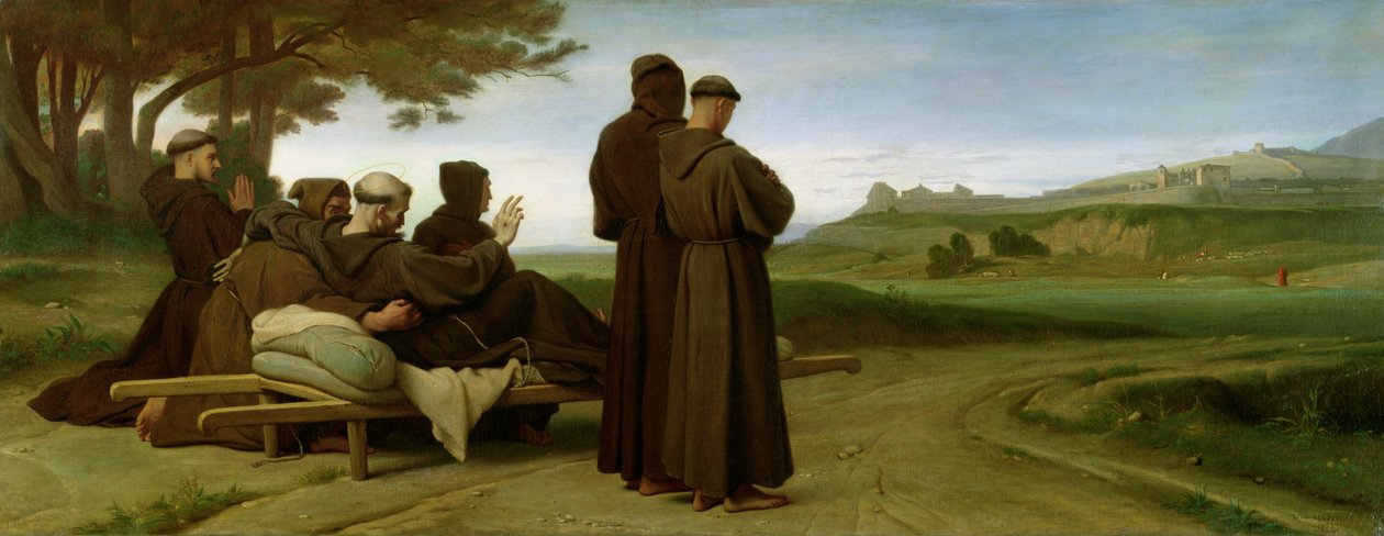 St. Frans af Assisi, mens han bliver båret til sit sidste hvilested i Saint-Marie-des-Anges, velsigner byen Assisi i 1226, 1853 af Francois Leon Benouville