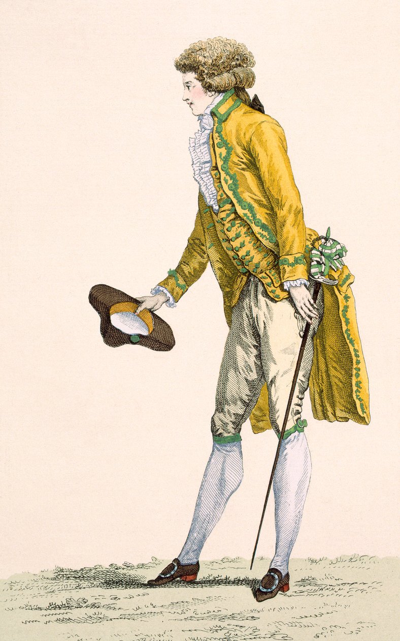 En ung mand iført broderet jakke og vest, graveret af Le Beau, plade nr. 253 fra "Galeries des Modes et Costumes Francais", ca. 1778-87 99:beklædning; traditionel dragt af Francois Louis Joseph Watteau