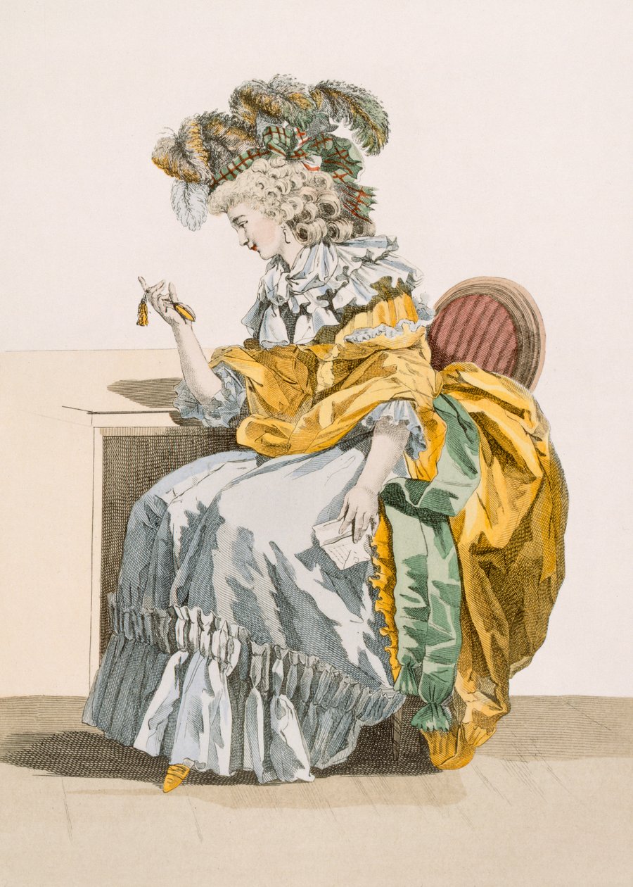 En bekymret dame ser på sit ur i morgenkjole og hovedbeklædning a la Marlborough, graveret af Dupin, plade fra "Galeries des Modes et Costumes Francais", ca. 1778-87 af Francois Louis Joseph Watteau