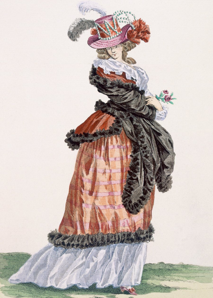 Dame nyder luften på Champs Elysees, graveret af Papin, illustration fra 