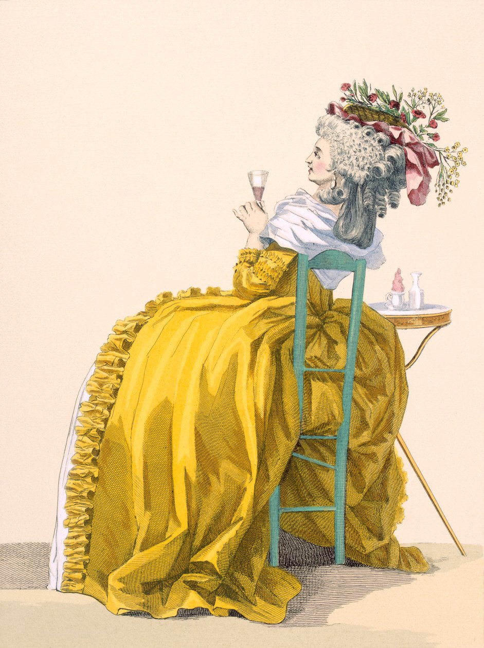 Lady hviler på stol og drikker champagne, graveret af Dupin, tallerken nr. 193 fra 