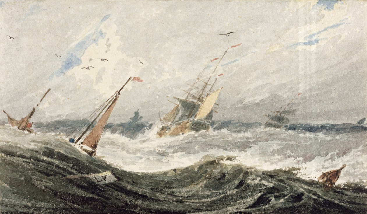 Både på et stormfuldt hav (wc over grafit på vævet papir) af Francois Louis Thomas Francia