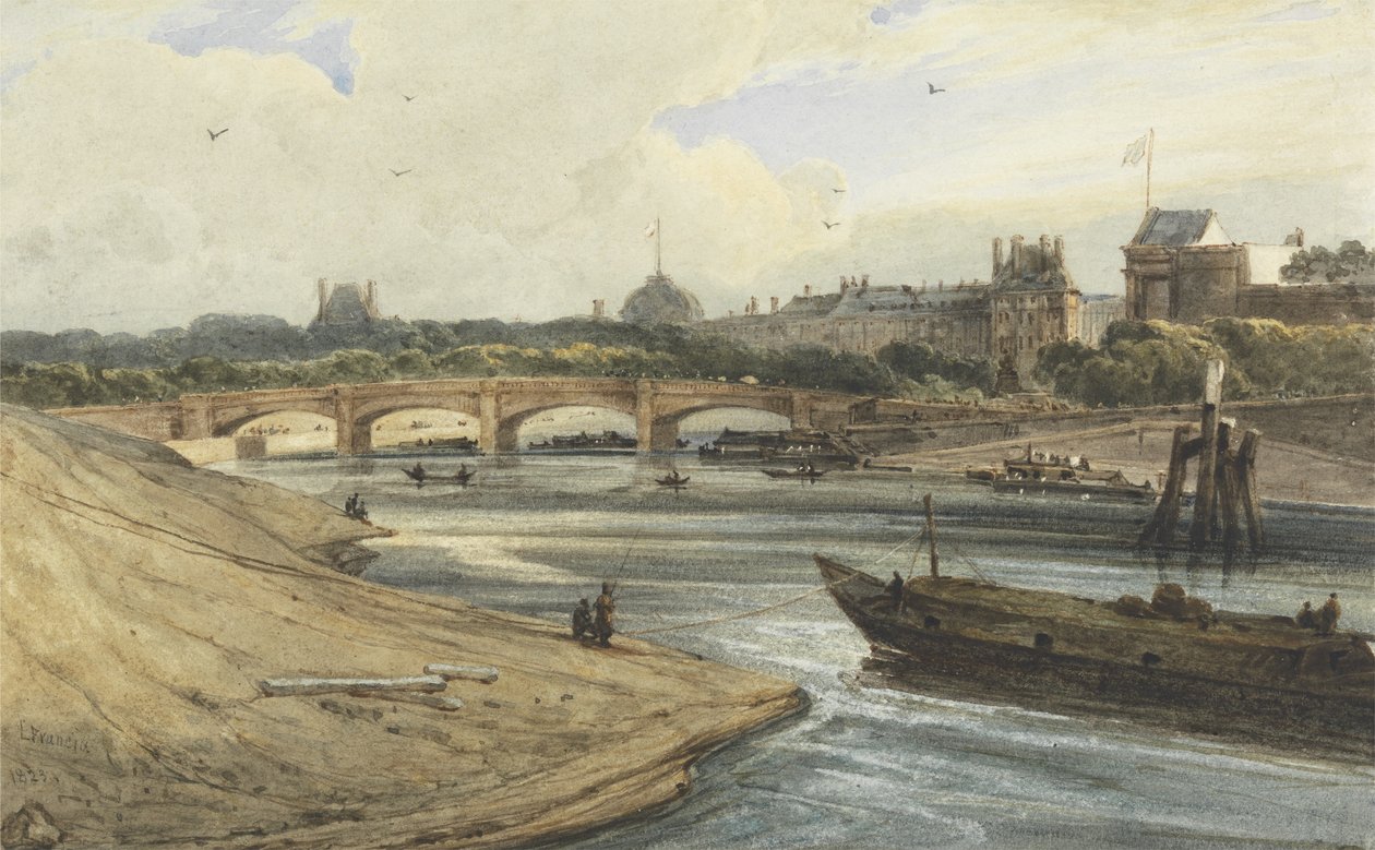 Pont de la Concorde og Palais des Tuileries fra Cours la Reine, 1823 (wc over blyant og kropsfarve på papir) af Francois Louis Thomas Francia