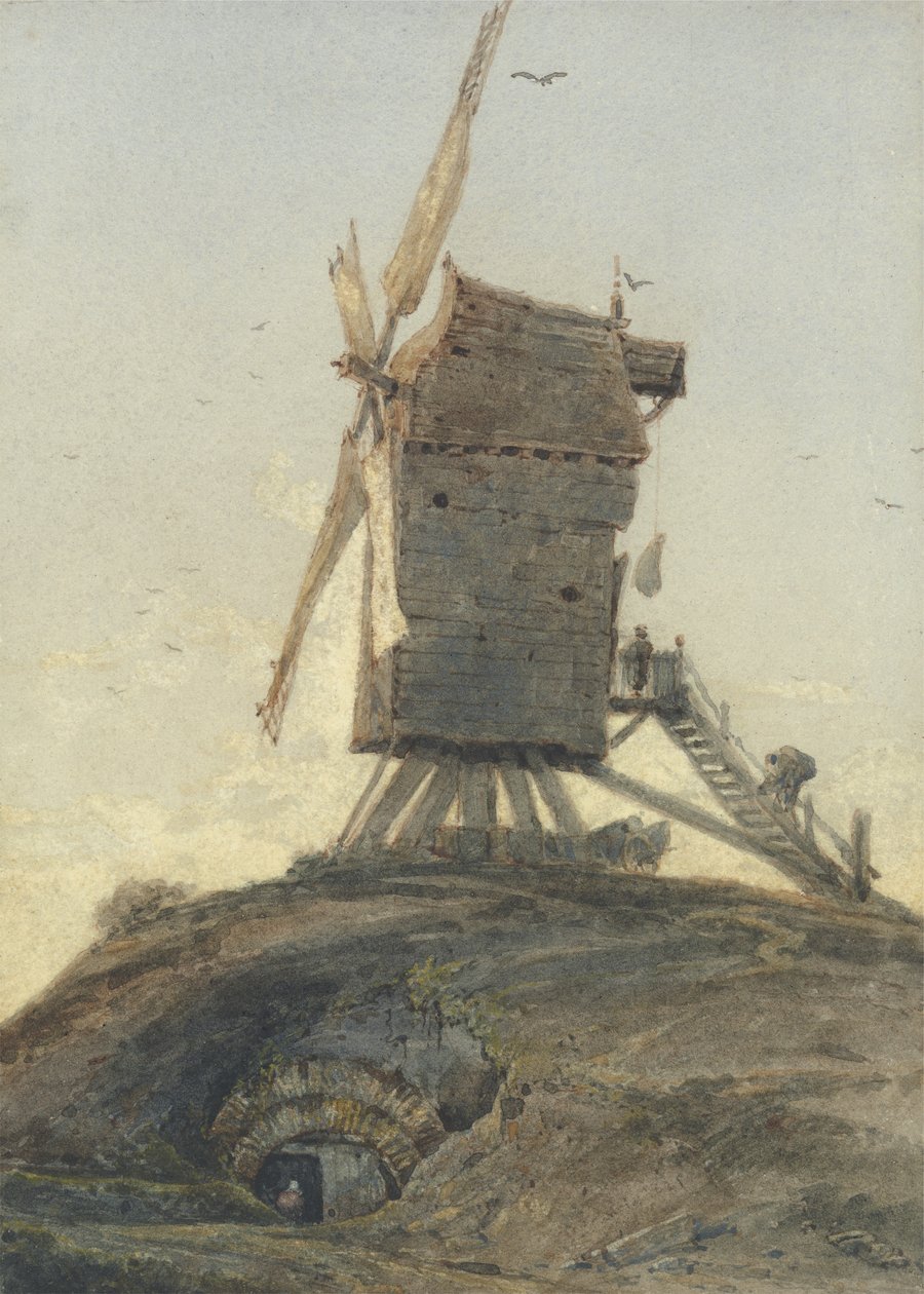 Vindmølle på en knold i et landskab (wc med kropsfarve på papir) af Francois Louis Thomas Francia