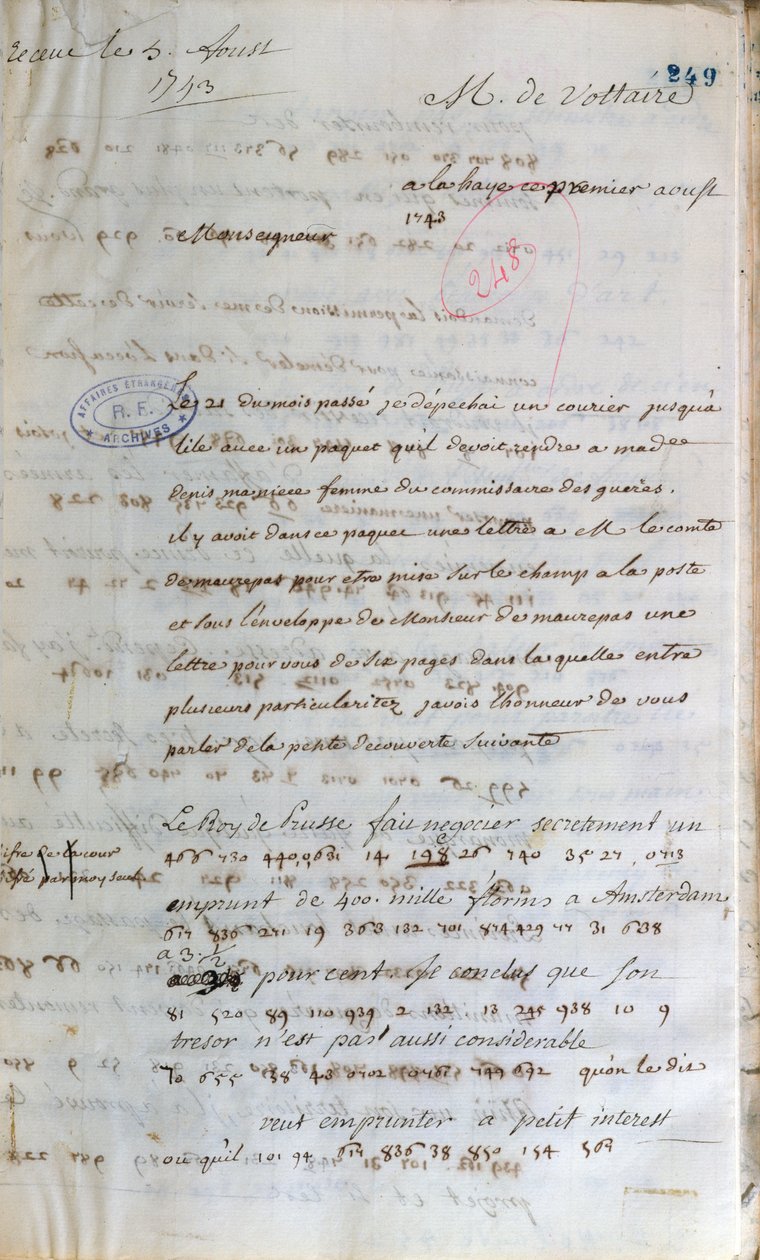 Brev skrevet af Voltaire, da han arbejdede som hemmelig agent i Haag til den franske udenrigsminister i Paris, 1. august 1743 af Francois Marie Arouet Voltaire