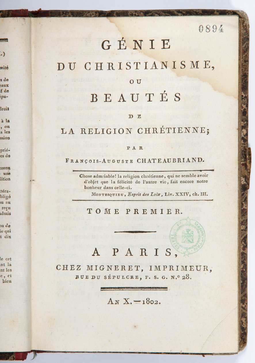 Titelblad til "Genie du Christianisme ou Beautes de la Religion Chretienne", bind I, hos Migneret Imprimeur, Paris, 1802 (trykt papir) af Francois Rene Vicomte de Chateaubriand